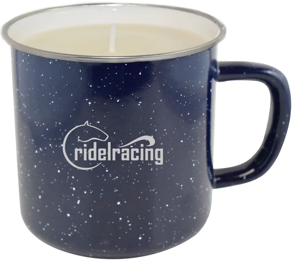Happy Camper Candle, enamel mug w/SS rim cobalt with Citronella wax fill
