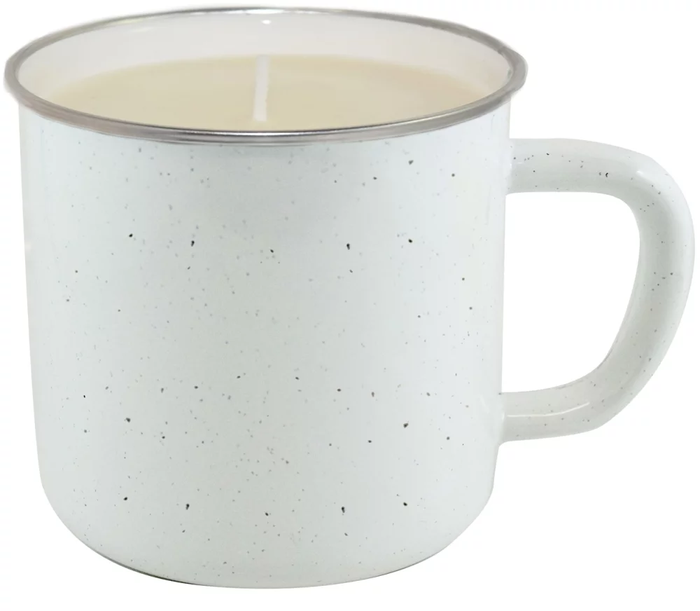 Bougie Happy Camper, tasse émaillée avec bord en acier inoxydable blanc remplie de cire de citronnelle