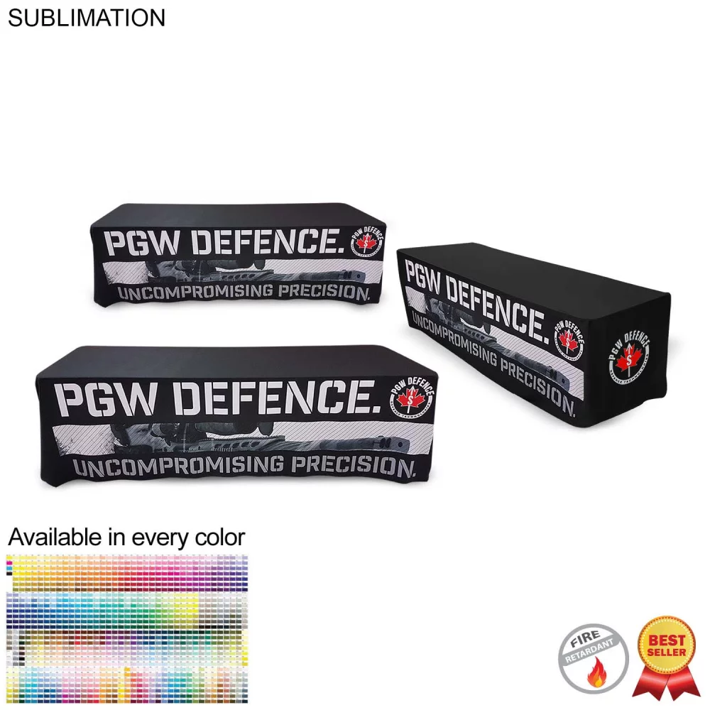 Nappe sublimée pour table de 8 pieds, style drapé, 4 côtés, dos fermé.