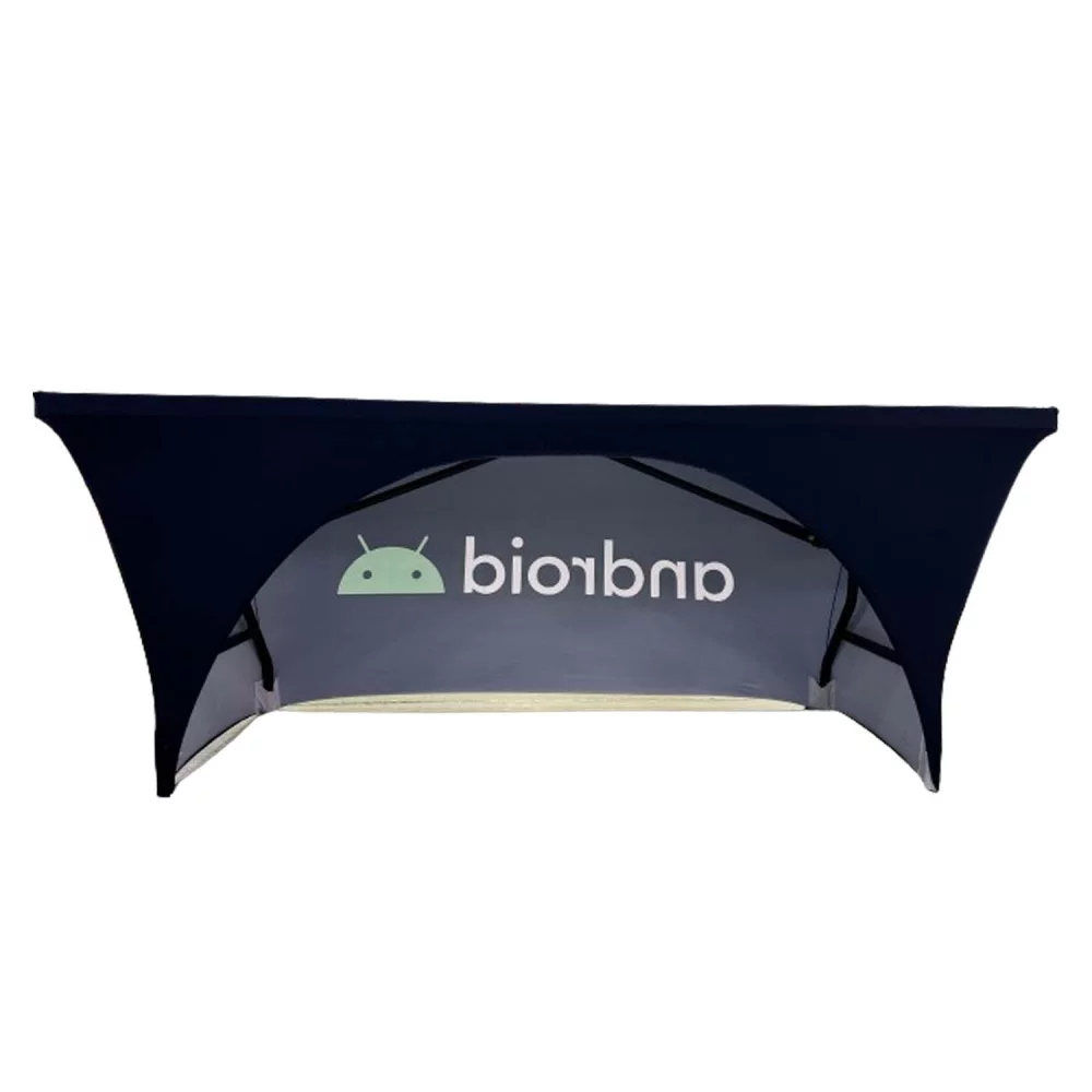 72 Hr Fast Ship - Sublimated Stretch Curved Fit Table Throw for 6ft table, 3 sided, Open Back