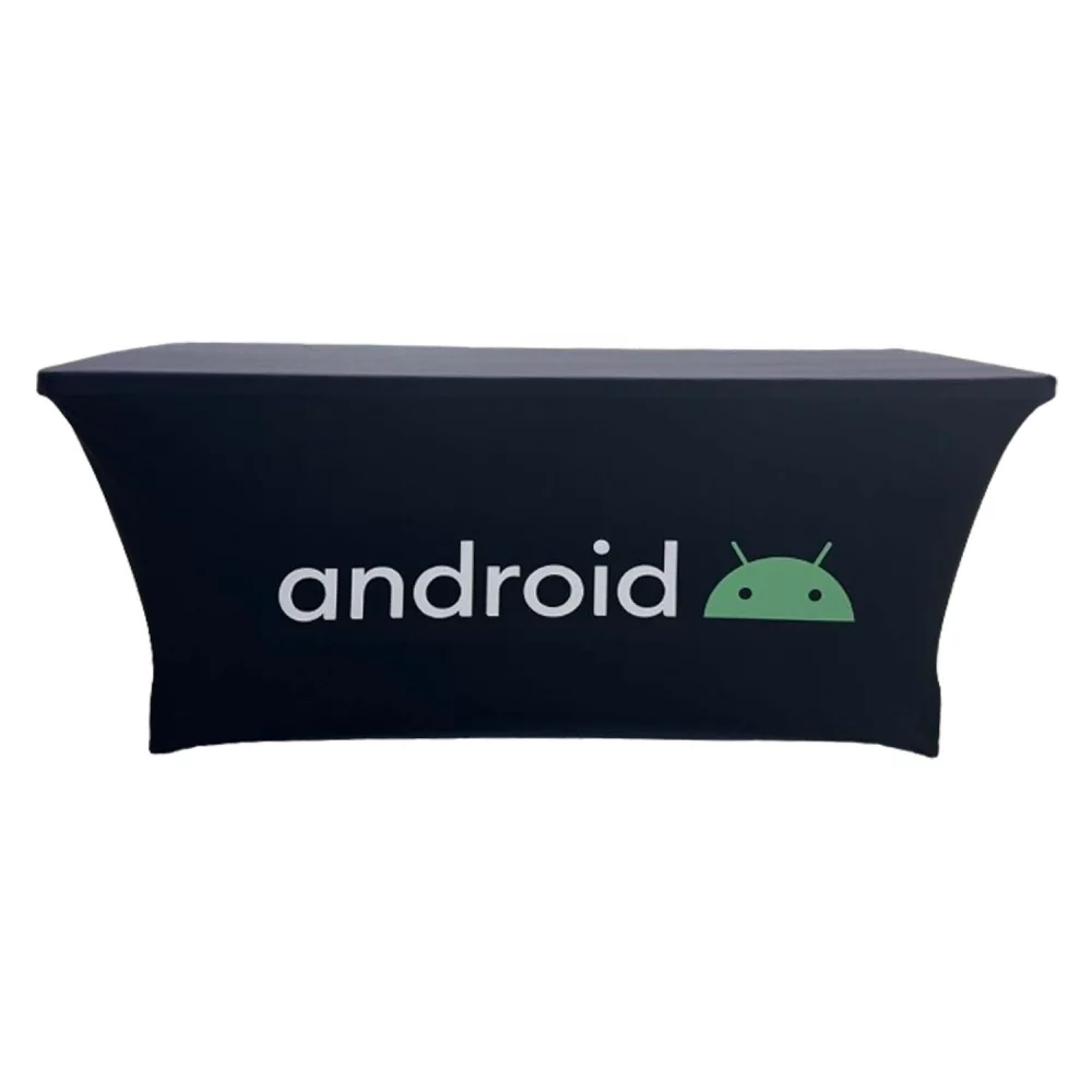 24 Hr Express Ship - Sublimated Stretch Curved Fit Table Throw for 6ft table, 3 sided, Open Back