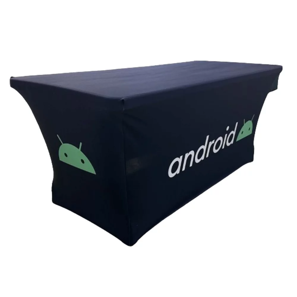 48 Hr Quick Ship - Sublimated Stretch Curved Fit Table Throw for 6ft table, 3 sided, Open Back