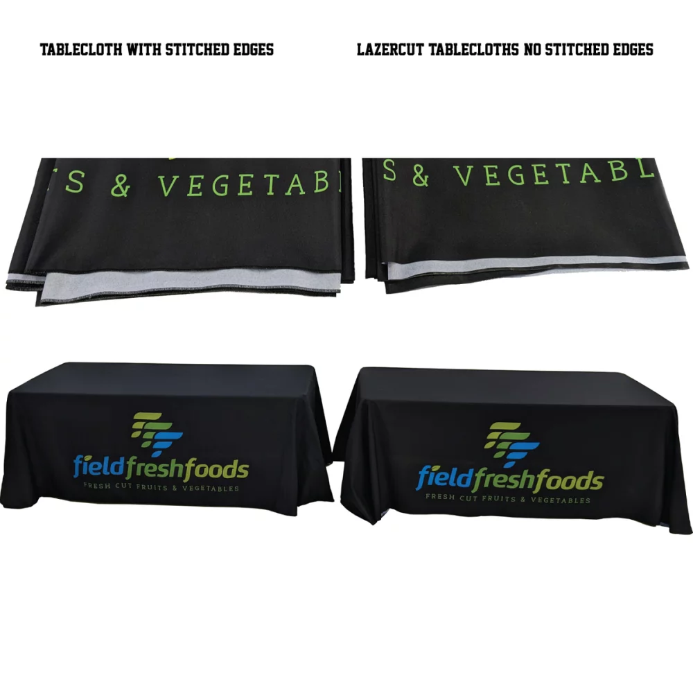 24Hr Express Ship - 8' LazerCut 4-Sided PREMIUM Sublimated Tablecloth, Drape Style, Closed Back