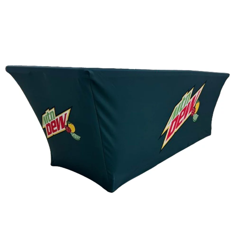 24 Hr Express Ship - Sublimated Stretch Curved Fit Table Throw for 8ft table, 3 sided, Open Back