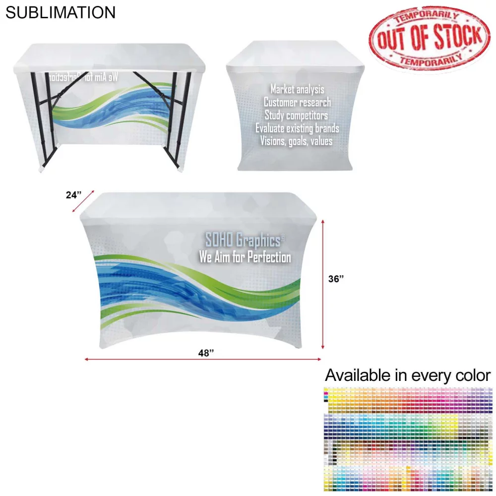 Sublimated Stretch Curved Fit Table Throw for 4ft Demo, Sampling Table, 3 sided, Open Back