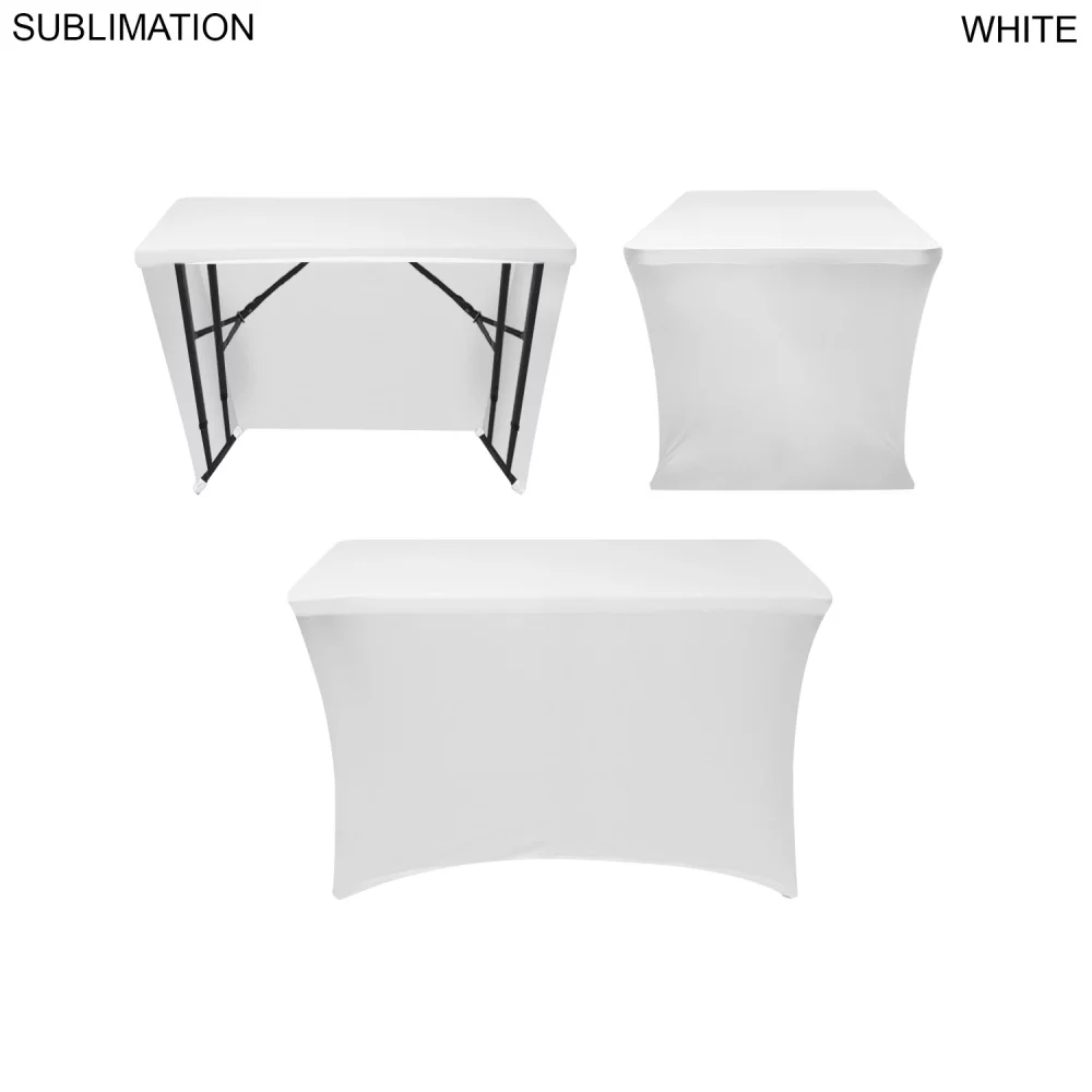 Sublimated Stretch Curved Fit Table Throw for 4ft Demo, Sampling Table, 3 sided, Open Back