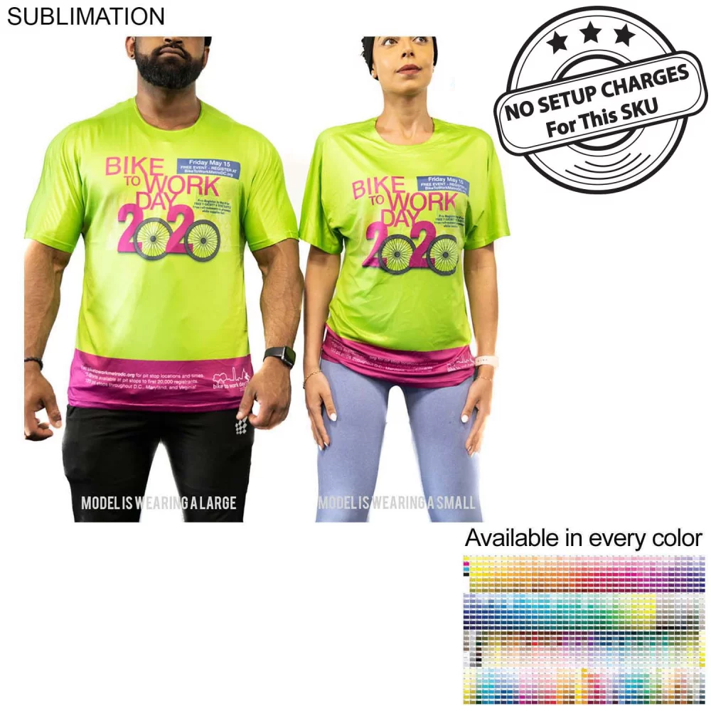 T-shirt unisexe de performance, sublimé sur toute la surface, graphiques en couleur pleine, AUCUN FRAIS DE CONFIGURATION
