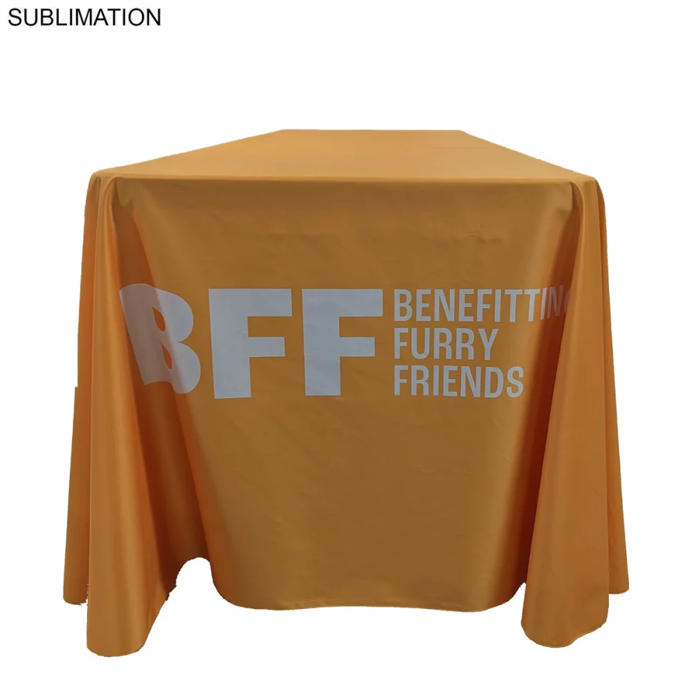 48 Hr Quick Ship - Sublimated PREMIUM Cloth for 8' table, Drape style, Closed Back, Rounded Corners