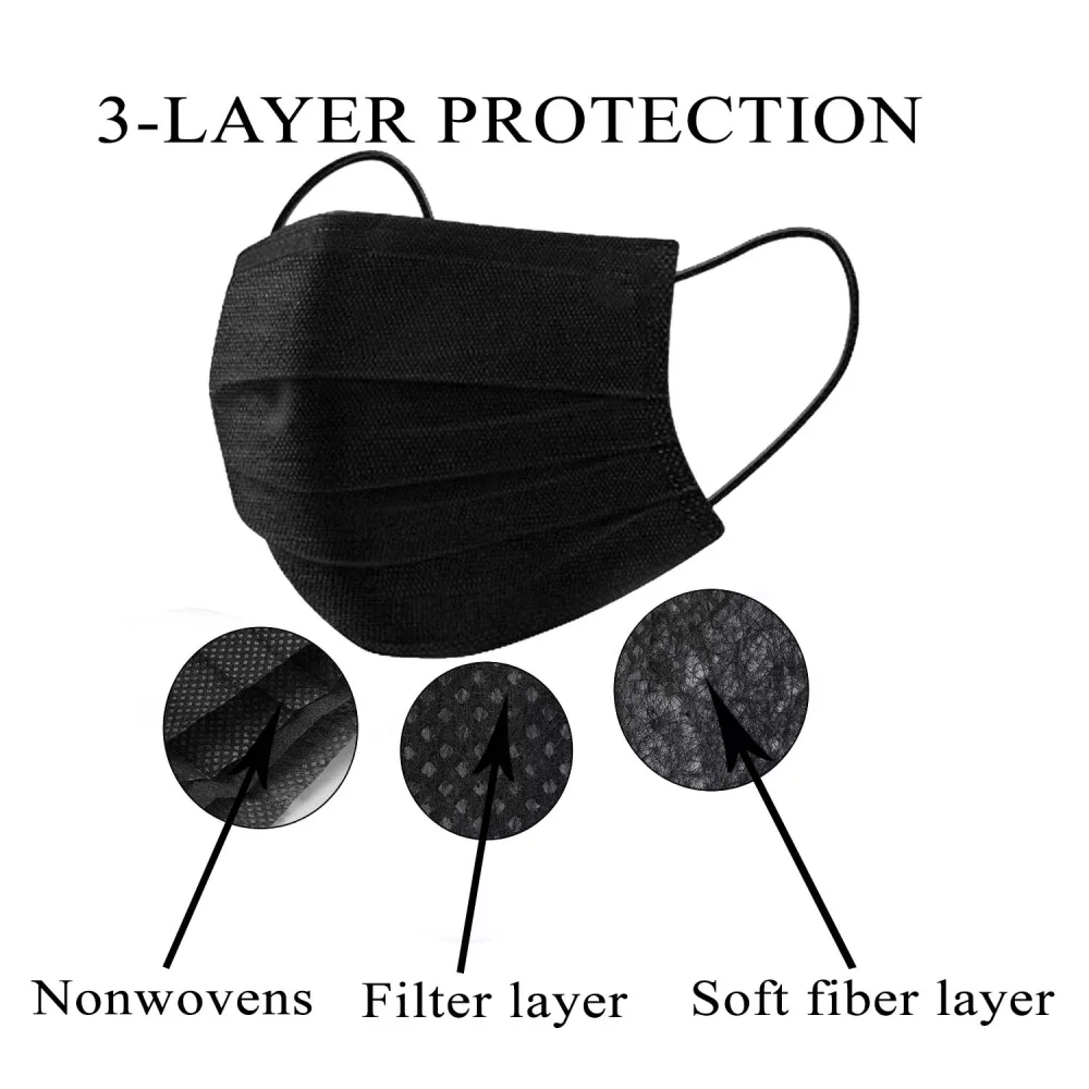 Masque facial jetable 3 plis, noir, vierge uniquement