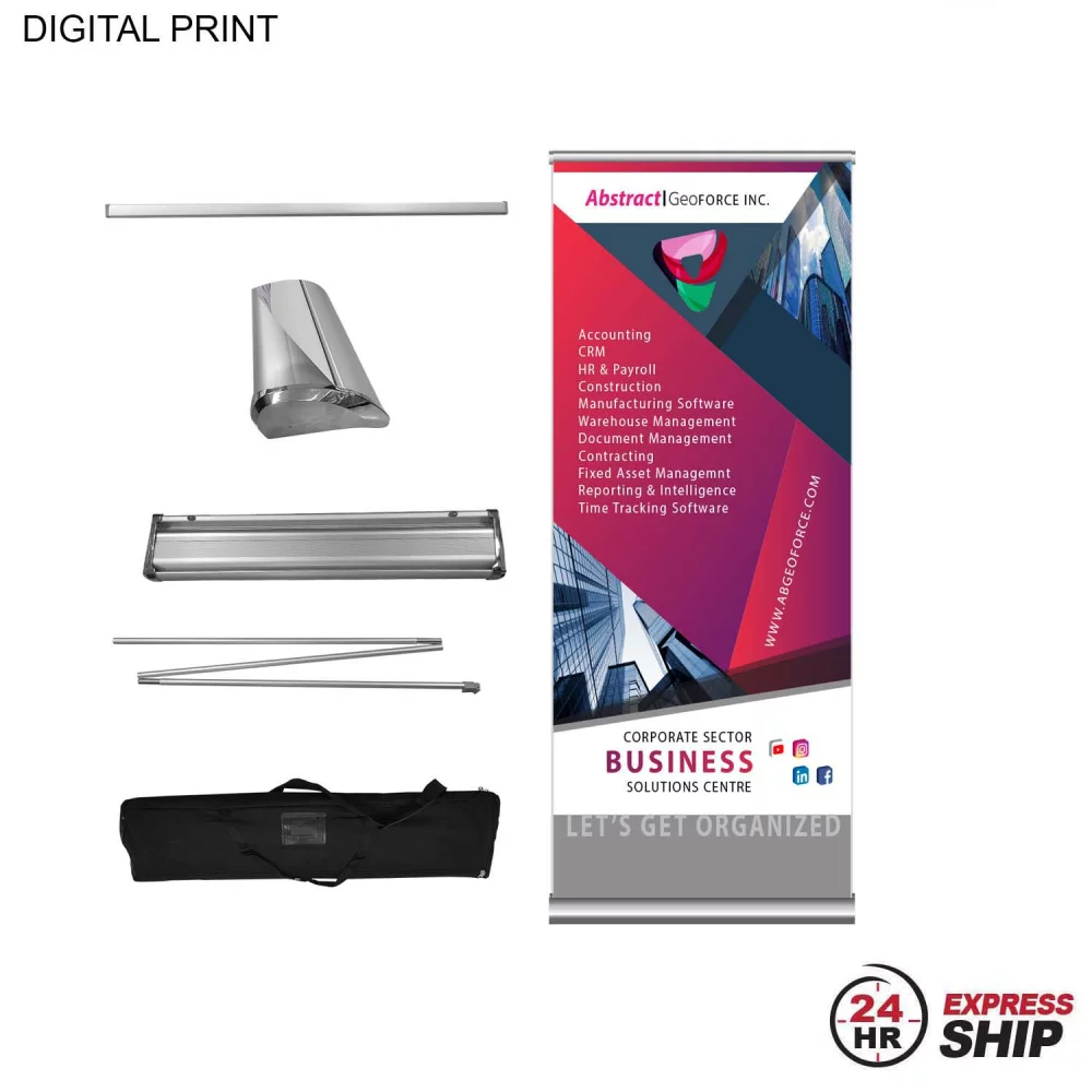 24 Hr Express Ship - Deluxe Wide Base Retractable Banner with Graphics, Stand and Bag, 33.5x79