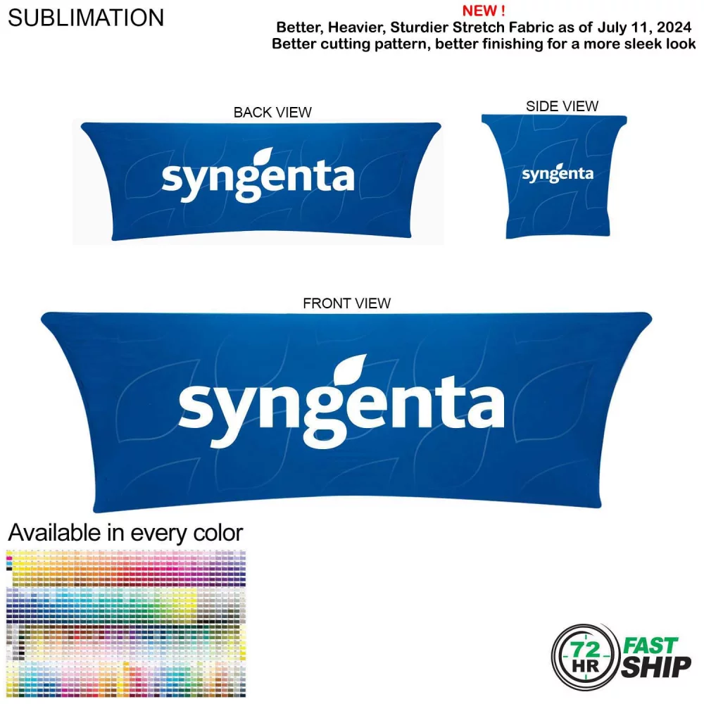72 Hr Fast Ship - Sublimated Stretch Curved Fit Table Throw for 8ft table, 4 sided, Closed back