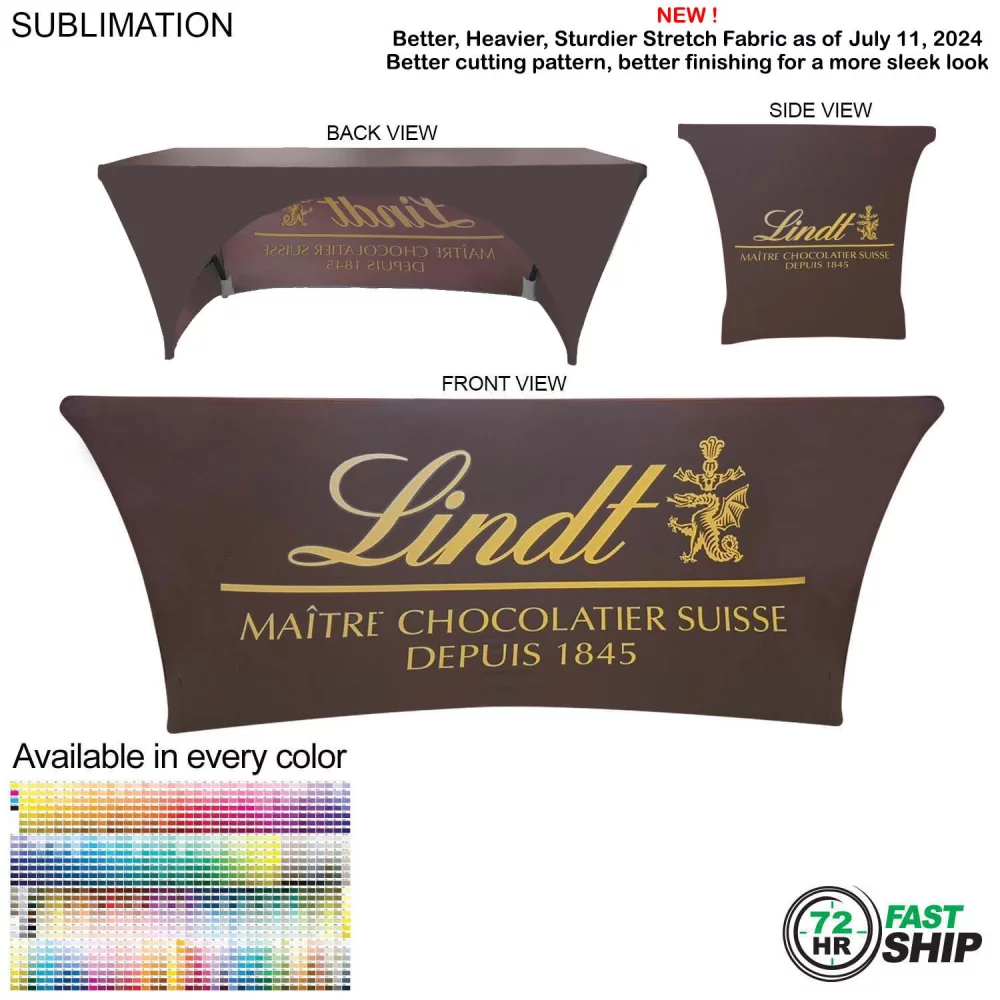 72 Hr Fast Ship - Sublimated Stretch Curved Fit Table Throw for 6ft table, 3 sided, Open Back