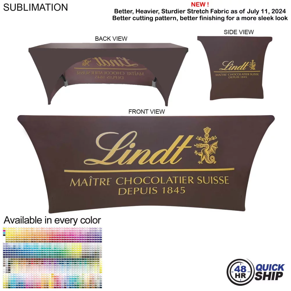 48 Hr Quick Ship - Sublimated Stretch Curved Fit Table Throw for 6ft table, 3 sided, Open Back