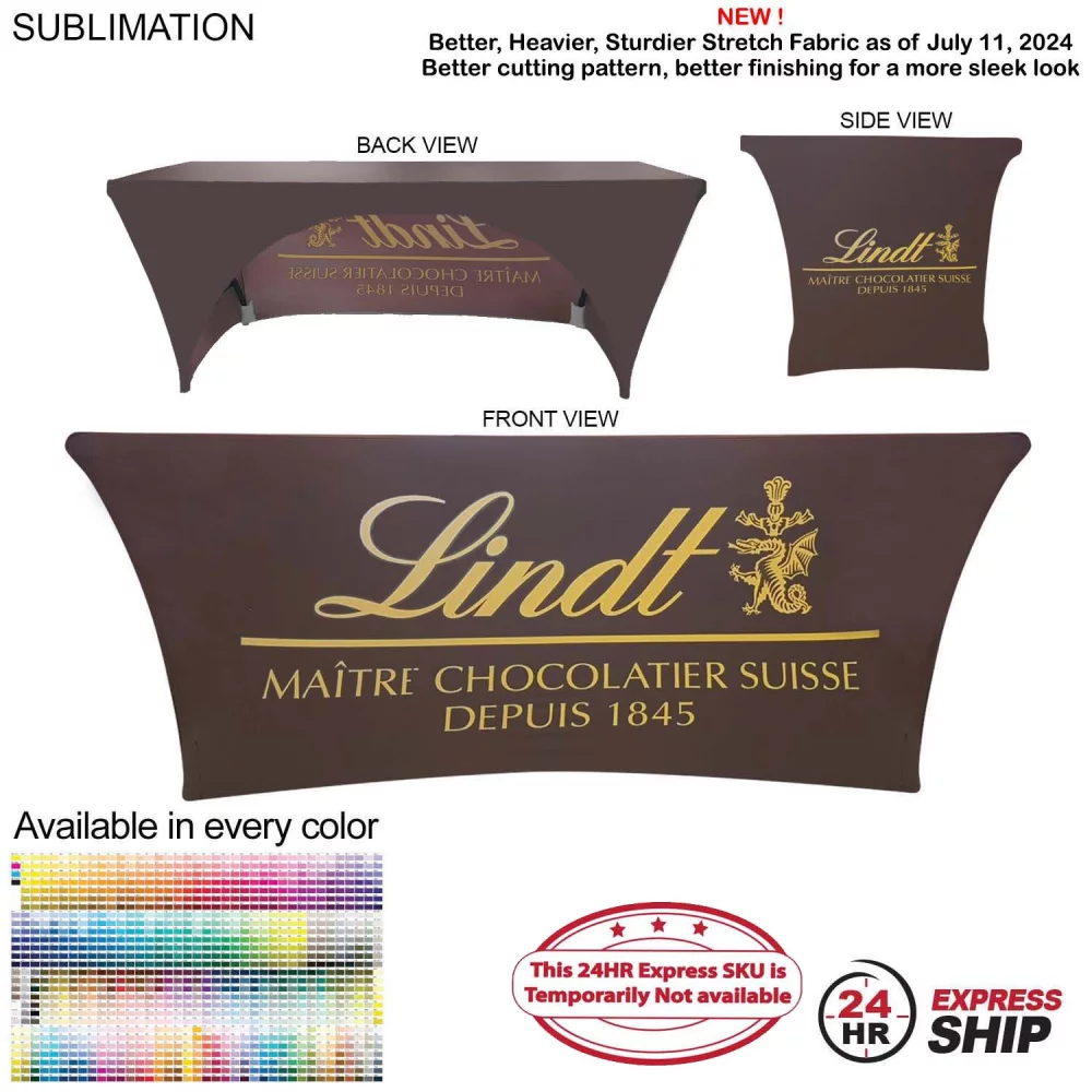 24 Hr Express Ship - Sublimated Stretch Curved Fit Table Throw for 6ft table, 3 sided, Open Back