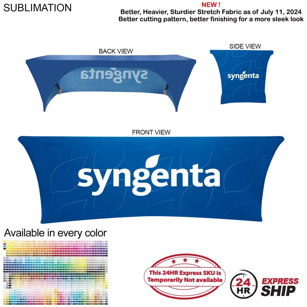 24 Hr Express Ship - Sublimated Stretch Curved Fit Table Throw for 8ft table, 3 sided, Open Back
