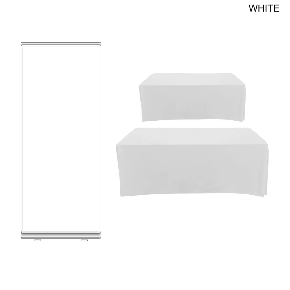Forfait salon professionnel de luxe, bannière rétractable de luxe + nappe sublimée premium pour table de 6 pieds.