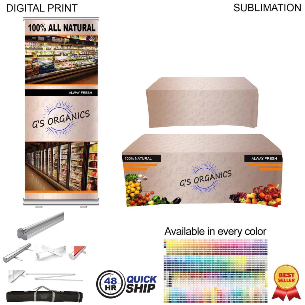 48Hr Quick Ship - Most Popular Tradeshow Package, Premium Retractable Banner + Sublimated Tablecloth