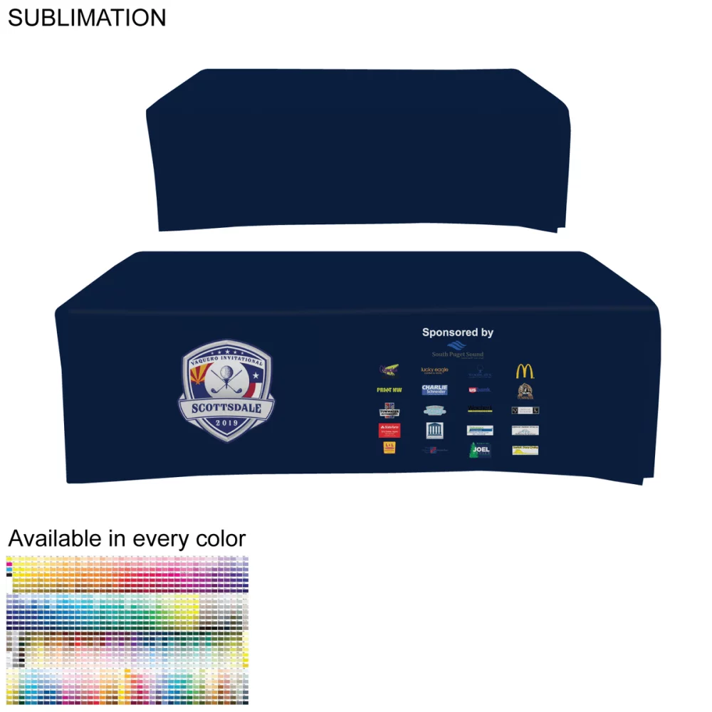 Outdoor Use Sublimated Box style Fitted tablecloth for a 8' Table, Closed back