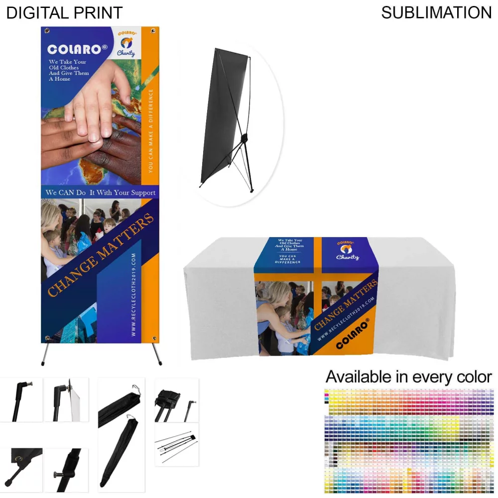 Tradeshow Package, Banner with X-Stand + Sublimated Tablerunner, Easy to setup