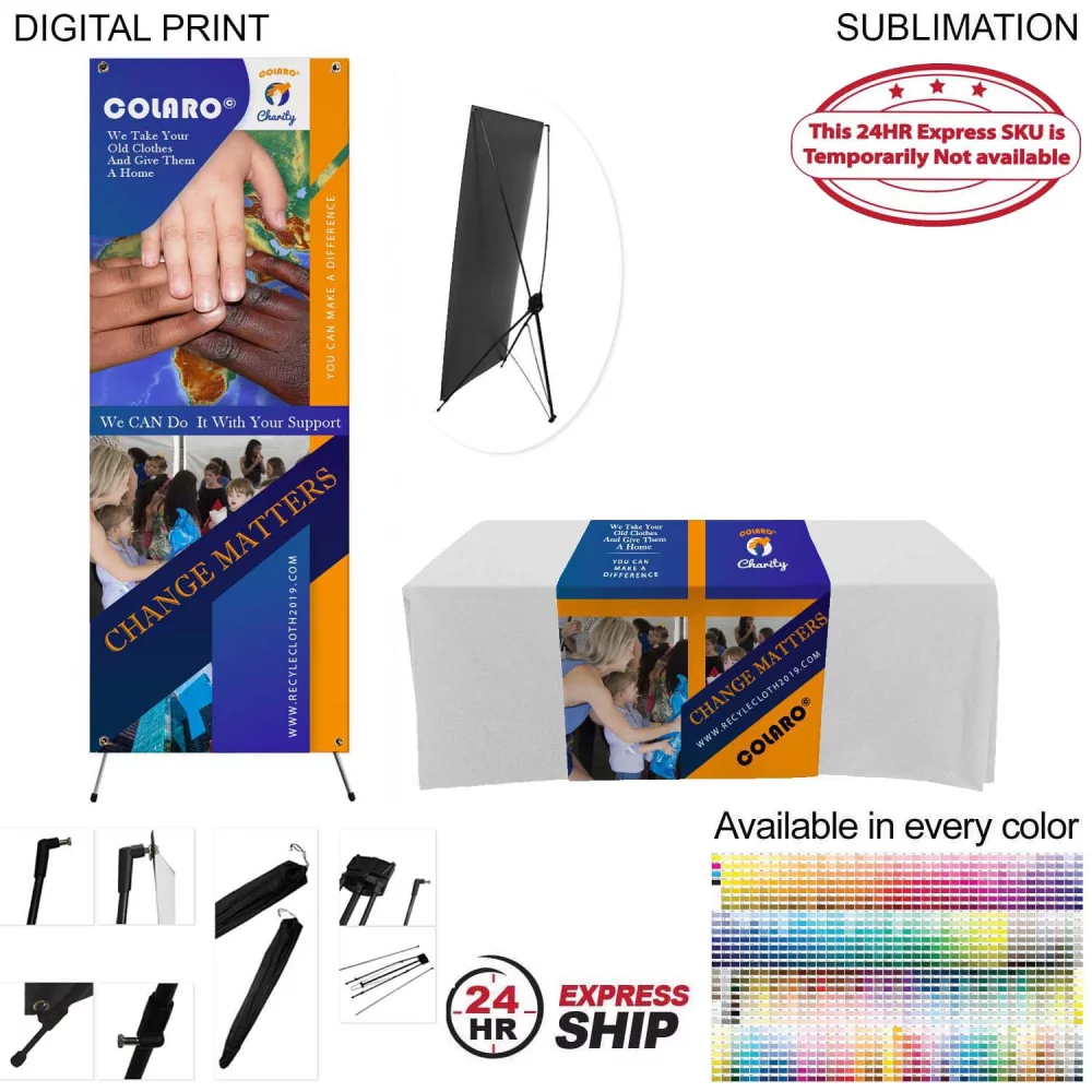 24 Hr Express Ship - Tradeshow Package, Banner with X-Stand + Sublimated Tablerunner, Easy to setup