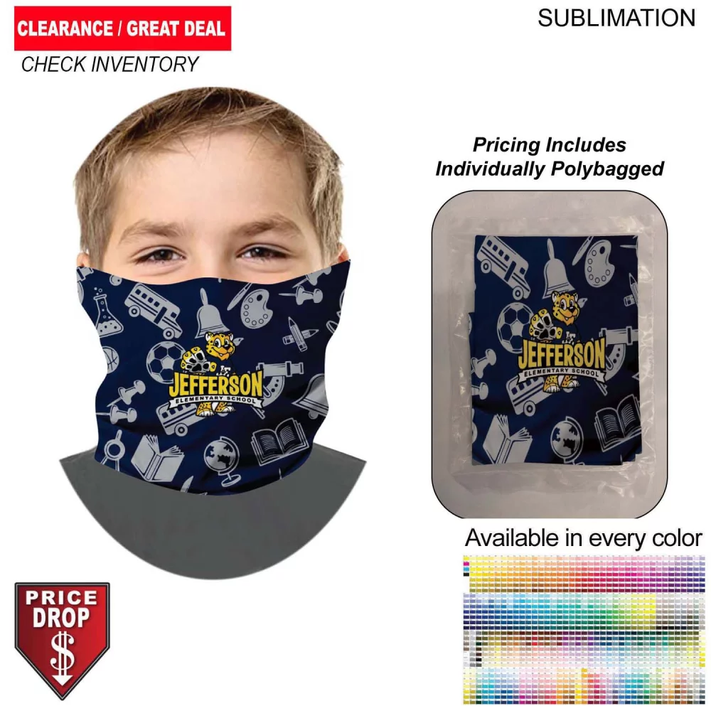 Cache-cou tubulaire pour jeunes masques faciaux, emballés individuellement.