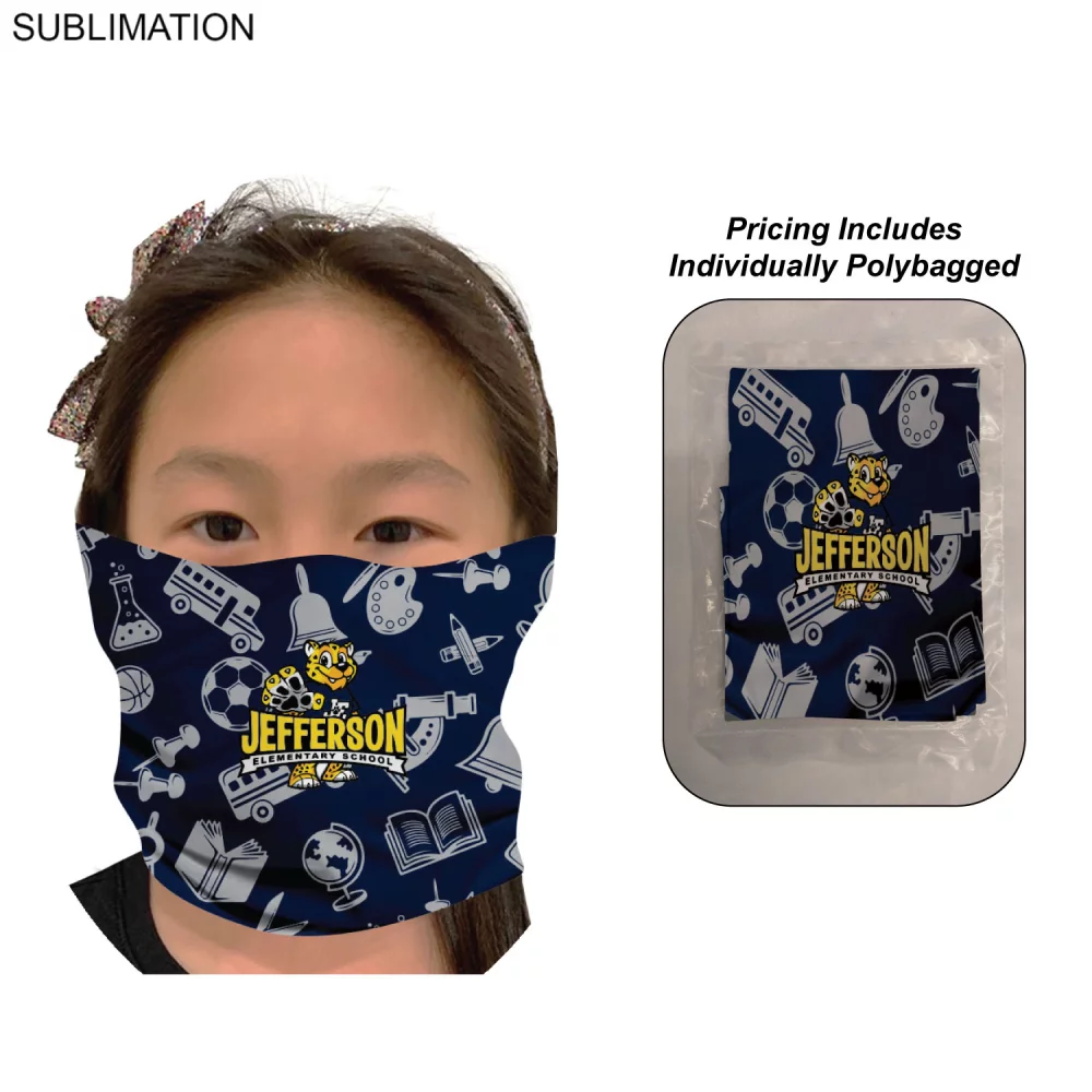 Cache-cou tubulaire pour jeunes masques faciaux, emballés individuellement.