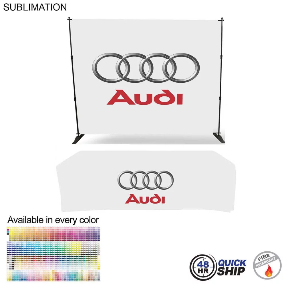 48Hr Quick Ship- Tradeshow Booth Package, 10' Expanding Display and 8' Sublimated PREMIUM Tablecloth