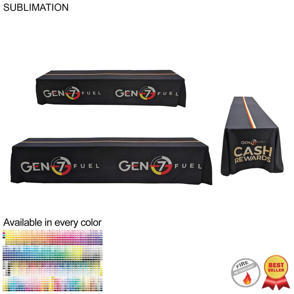 Sublimated Table Cloth for 12' table (or 2 x 6' tables combined), Drape Style, 4 sided, Closed back