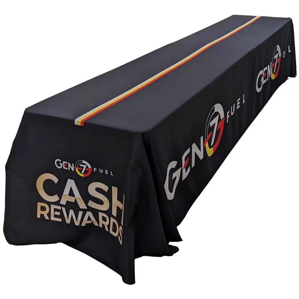 Sublimated Table Cloth for 12' table (or 2 x 6' tables combined), Drape Style, 4 sided, Closed back