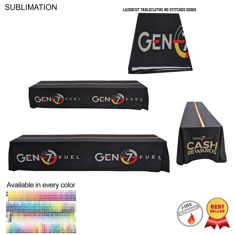 12' LazerCut, 4-Sided Sublimated Tablecloth, Drape Style, Closed Back (on 2 x 6ft tables combined)