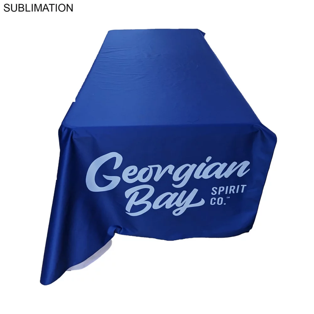 48 Hr Quick Ship - Sublimated PREMIUM Cloth for 6' Table, Drape Style, Open Back, Rounded Corners