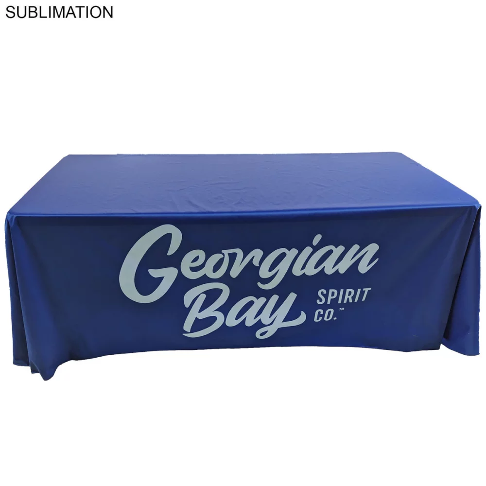 Sublimated PREMIUM Table Cloth for 6' Table, Drape Style, 3 sided, Open Back, Rounded corners