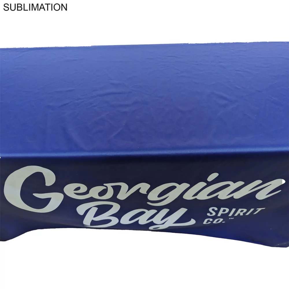 48 Hr Quick Ship - Sublimated PREMIUM Cloth for 6' Table, Drape Style, Open Back, Rounded Corners