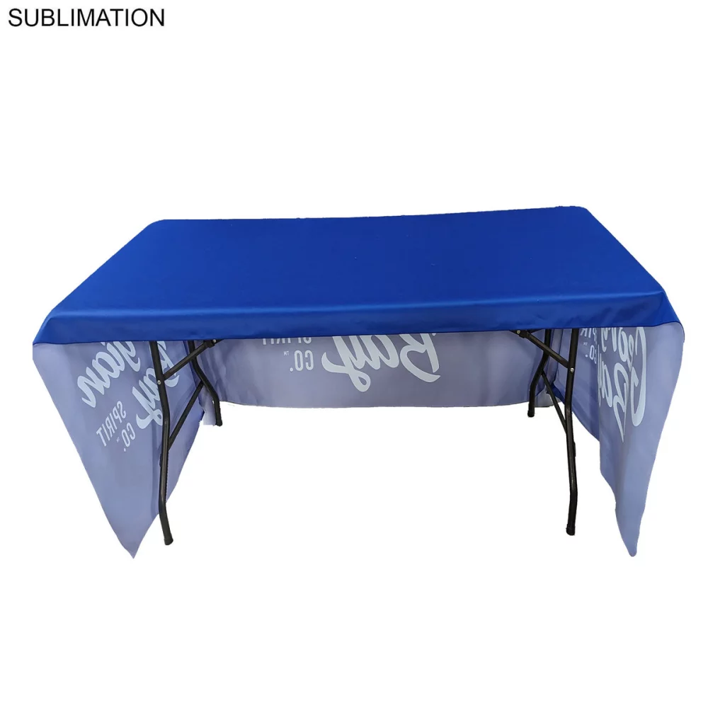 48 Hr Quick Ship - Sublimated PREMIUM Cloth for 6' Table, Drape Style, Open Back, Rounded Corners