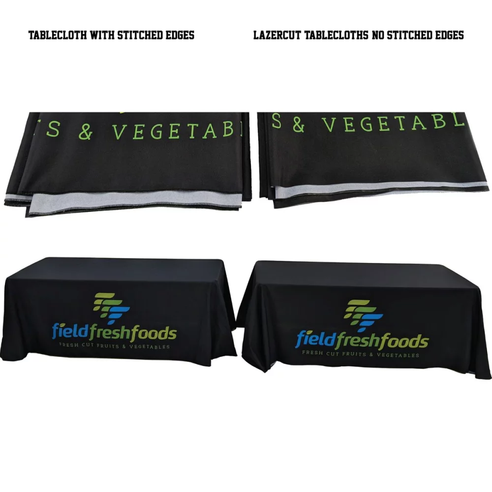 24Hr Express Ship - 6' LazerCut 4-Sided PREMIUM Sublimated Tablecloth, Drape Style, Closed Back