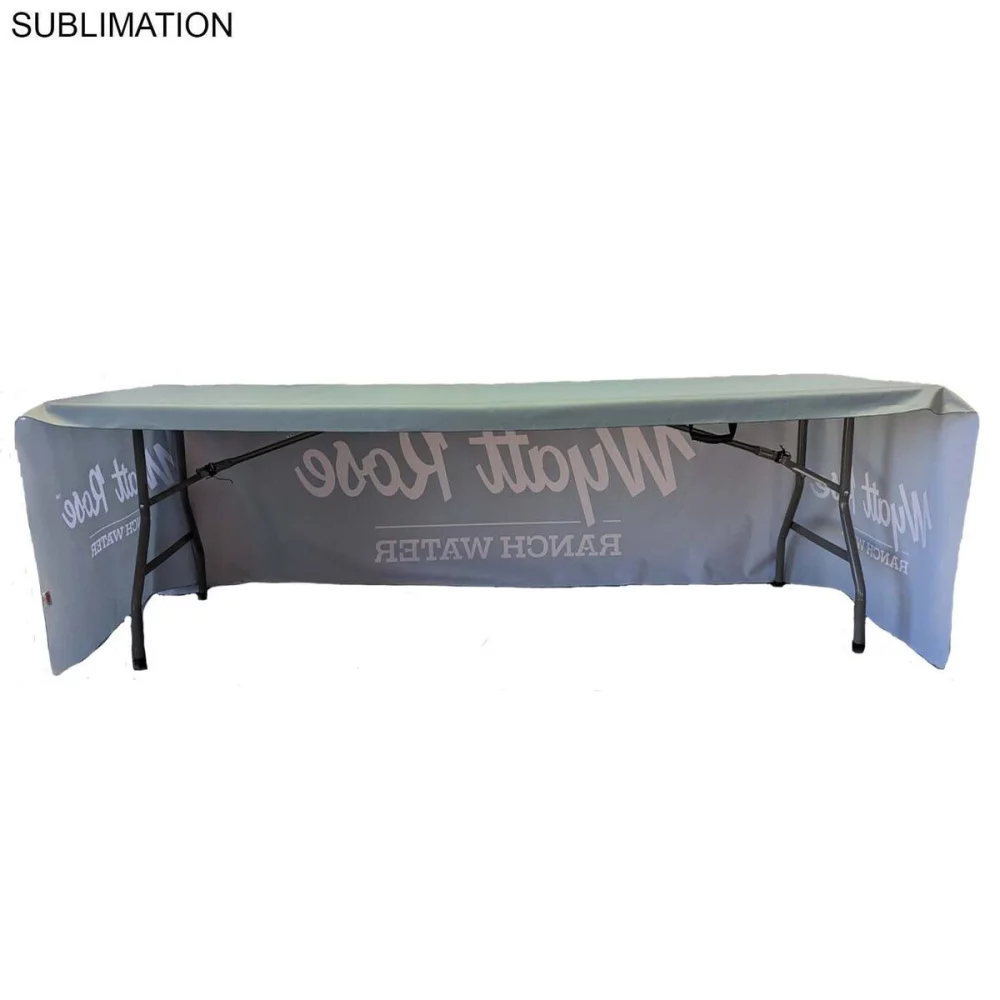 Sublimated PREMIUM Table Cloth for 8' Table, Drape Style, 3 sided, Open Back, Rounded corners