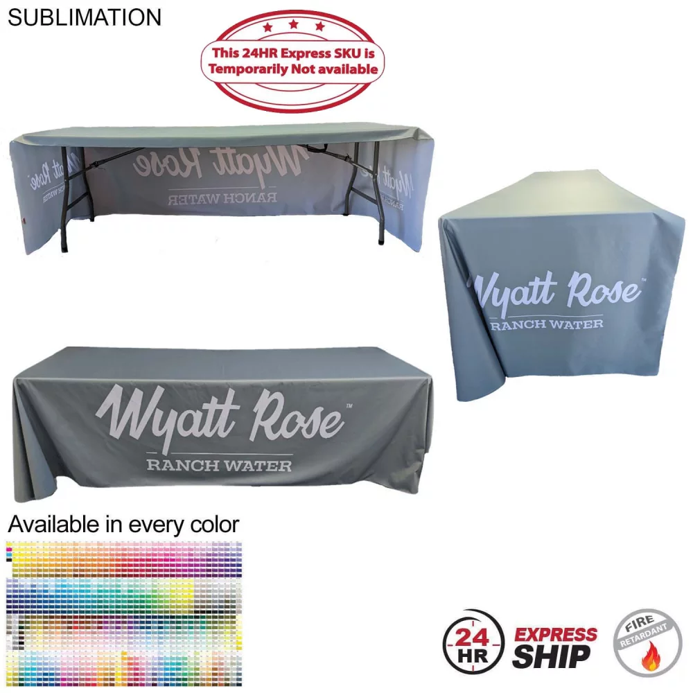 24Hr Express Ship - Sublimated PREMIUM Cloth for 8' Table, Drape Style, Open Back, Rounded corners