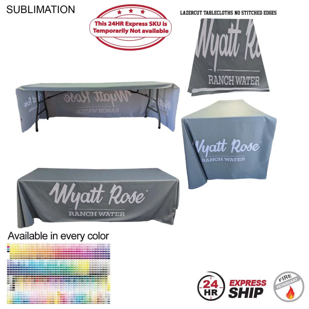 24Hr Express Ship - 8' LazerCut 3-Sided PREMIUM Sublimated Tablecloth, Drape Style, Open Back