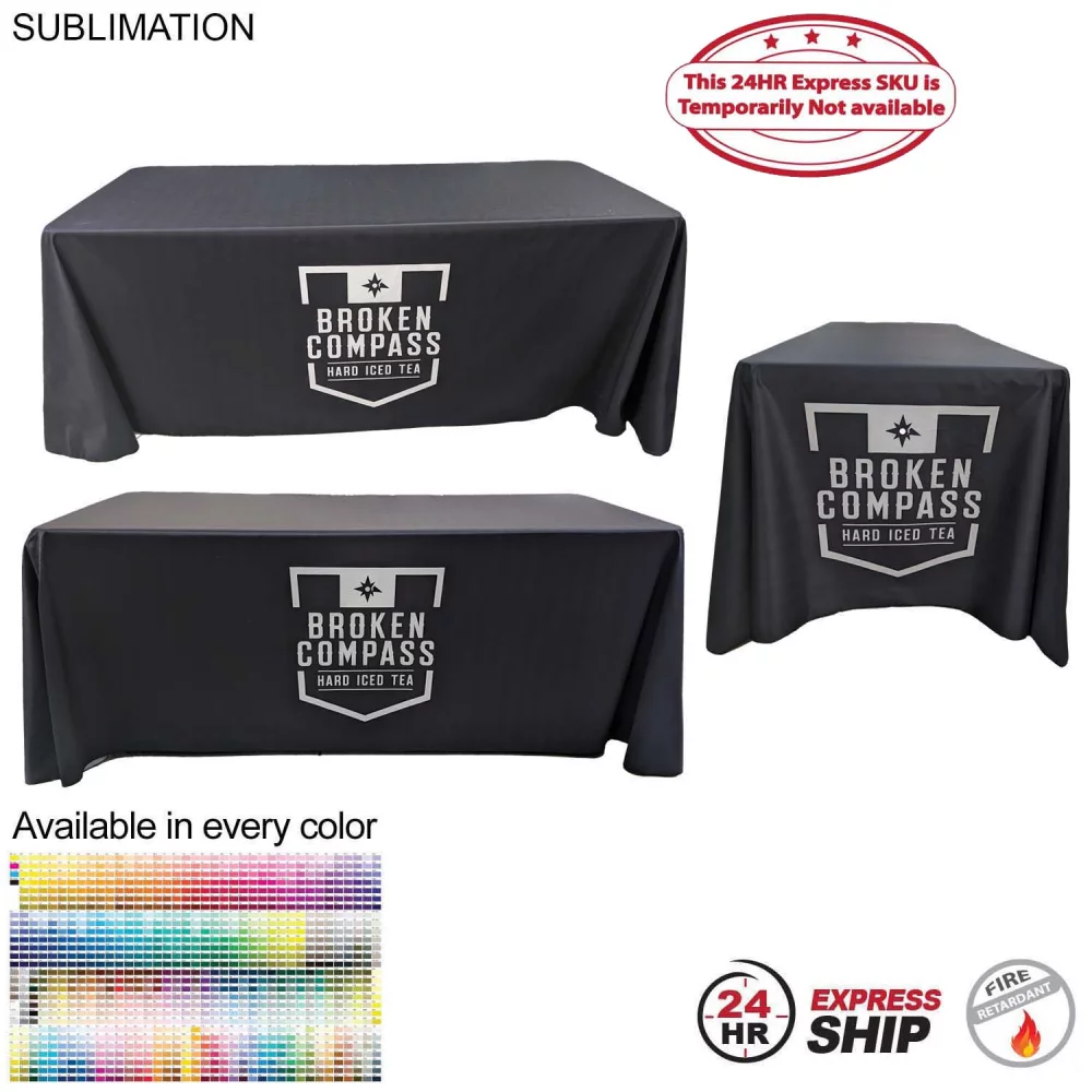 24Hr Express Ship - Sublimated PREMIUM Cloth for 6' table, Drape style, Closed Back, Rounded Corners