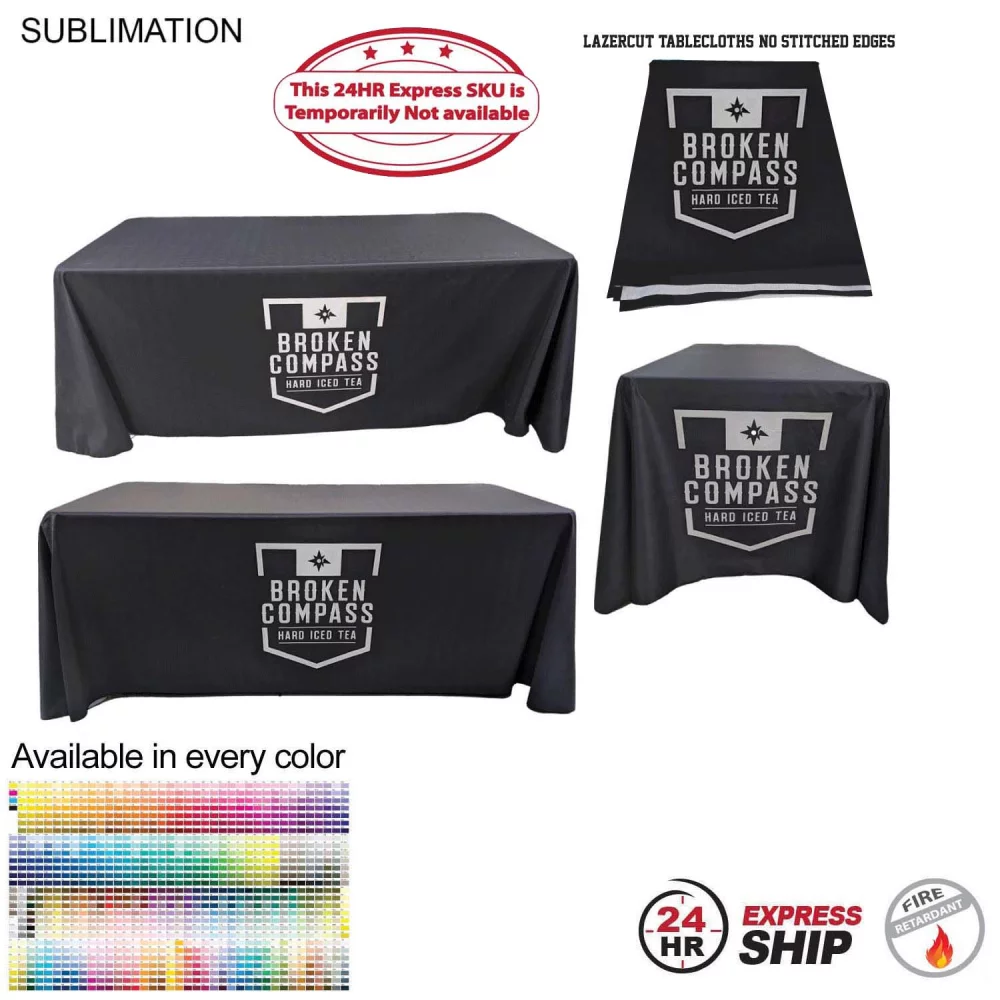 24Hr Express Ship - 6' LazerCut 4-Sided PREMIUM Sublimated Tablecloth, Drape Style, Closed Back