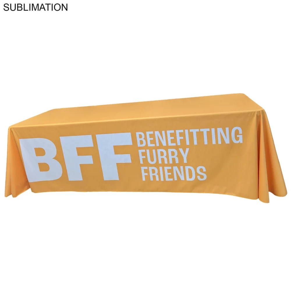 48 Hr Quick Ship - Sublimated PREMIUM Cloth for 8' table, Drape style, Closed Back, Rounded Corners