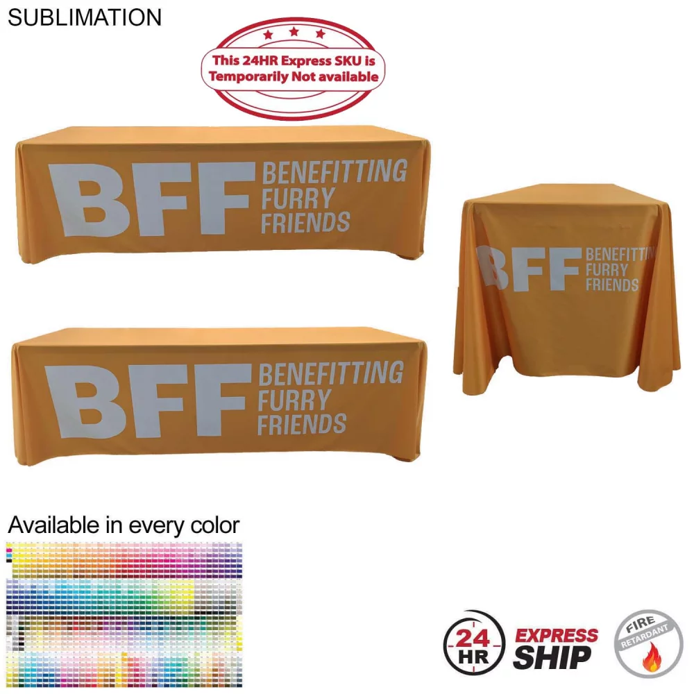 24Hr Express Ship - Sublimated PREMIUM Cloth for 8' table, Drape style, Closed Back, Rounded Corners