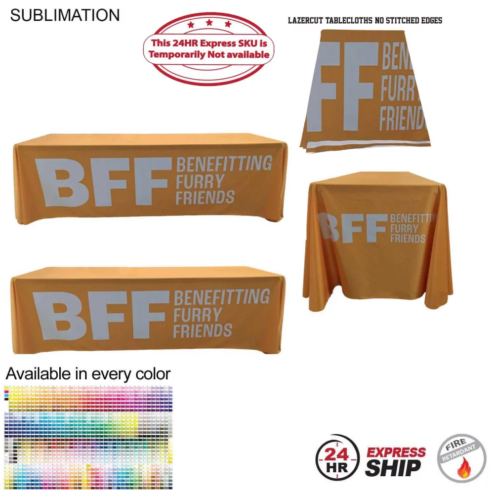 24Hr Express Ship - 8' LazerCut 4-Sided PREMIUM Sublimated Tablecloth, Drape Style, Closed Back