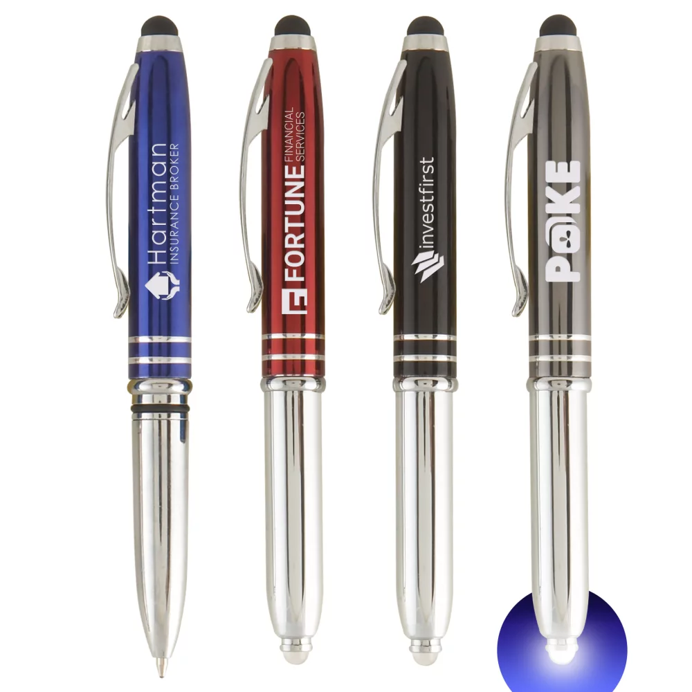 Stylo Vivano Duo avec lumière LED et stylet - Gravure laser - Stylo en métal
