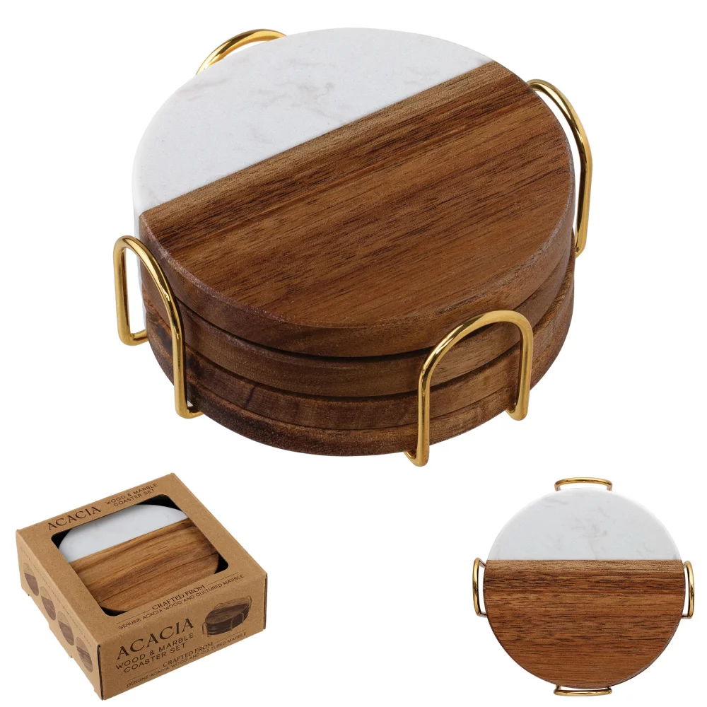 Acacia Wood & Marble Coaster Set