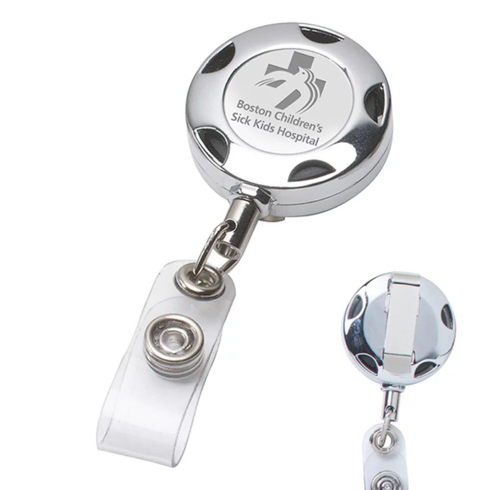 32" Round Chrome Metal Sport Retractable Badge Reel & Holder (Laser Imprint)