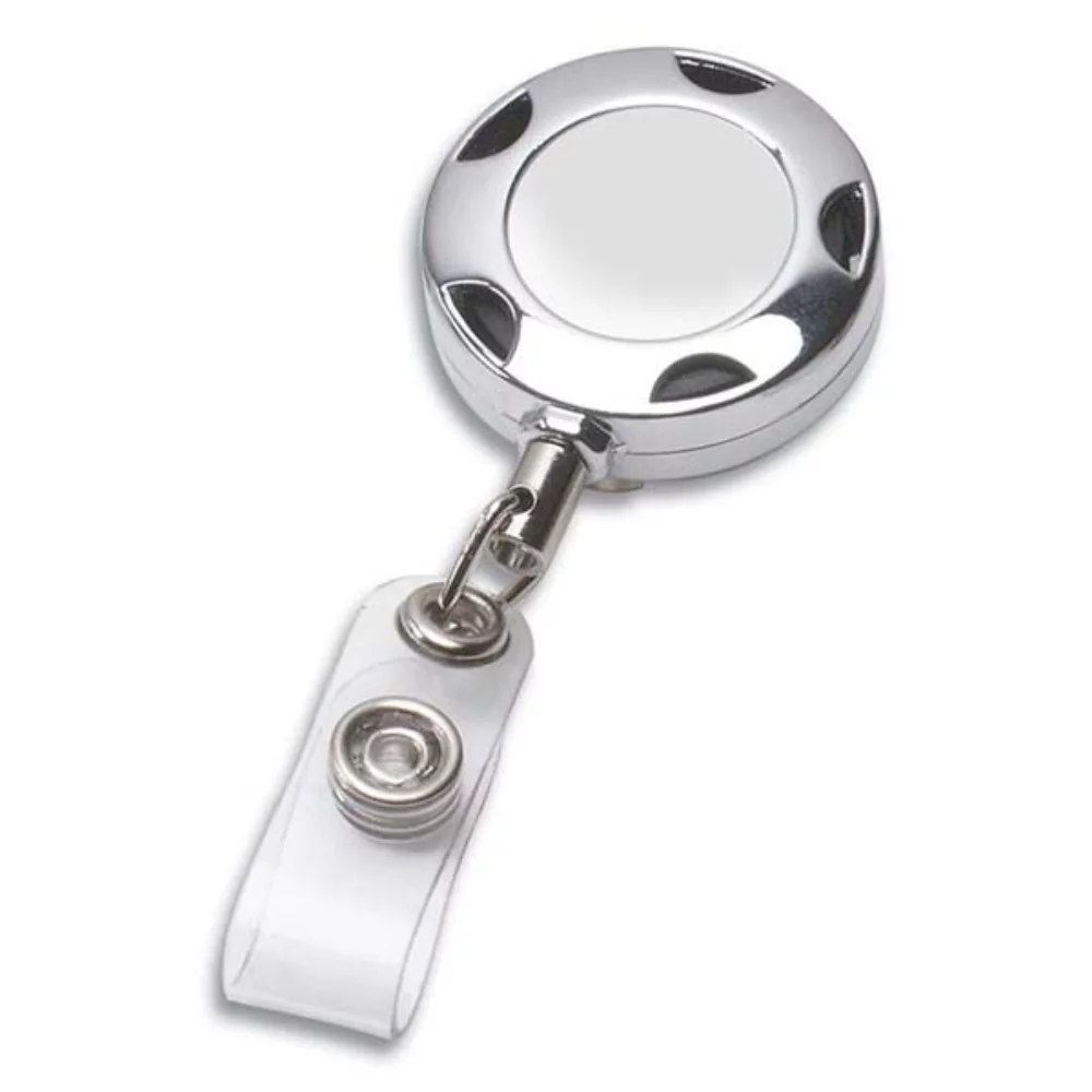 Badge rétractable sportif en métal chromé de 32" de diamètre avec support (impression laser)