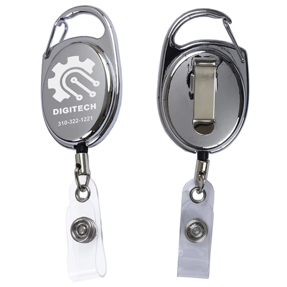 "Pataskala" Shiny Chrome Finish Metal Retractable Badge Reel & Holder (Laser Imprint)