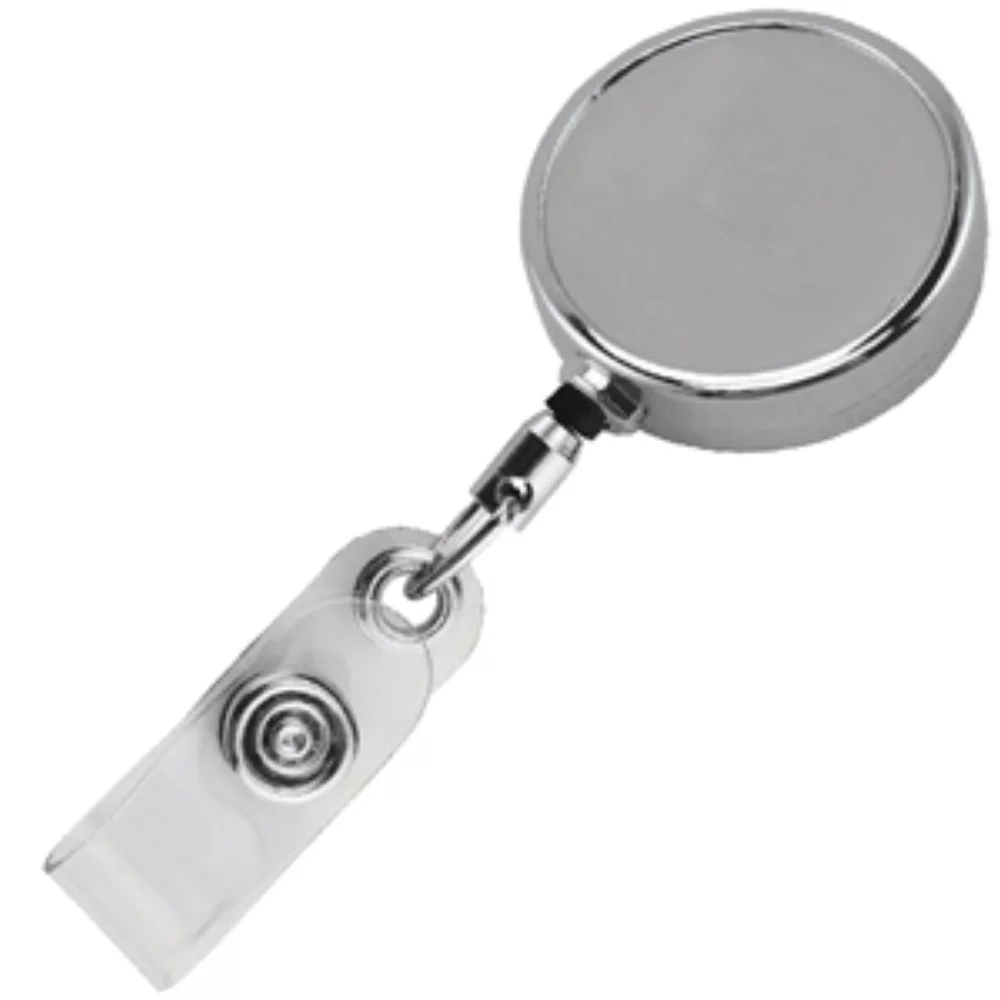 Badge rétractable en métal chromé de 30 pouces de diamètre avec support (gravure laser)