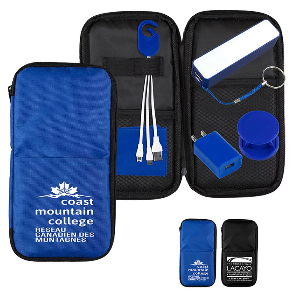 Le kit de voyage "TravPouch Plus" comprend des composants technologiques et est inséré dans une pochette zippée en polyester.